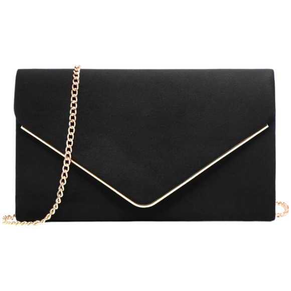 Handbags - Women's Faux Suede Black Velvet Crossbody Clutch Bag W/ Gold Hardware